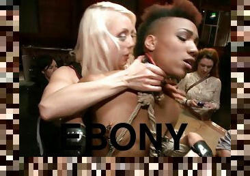 Ebony slave fisted in public