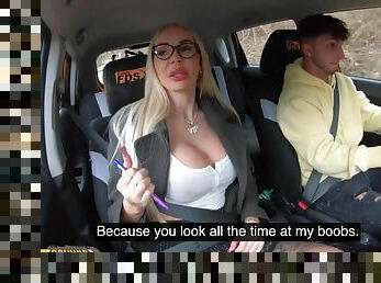 Tattooed Busty Blondie Bombshell takes young guy on a driving exam which ends with him cumming in her mouth - reality