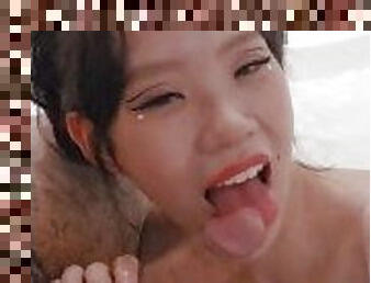 Japanese deepthroat, wet and gagging blowjob. Big boobs in hottub