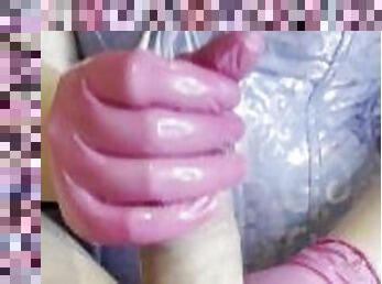 Perfect handjob with condom and latex gloves in a sexy corset