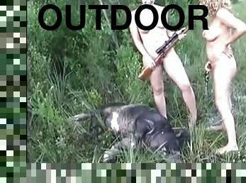 Nude girls hunting and fishing
