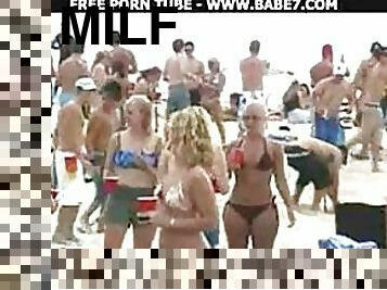 Horny Blonde MILF Gets Two Teen Cocks To Suck and Fuck On The Beach