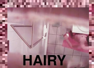 Spying hairy cougar in the shower on hidden cam