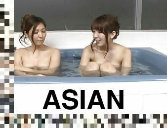 asiatisk, badning, behåret, orgasme, lesbisk, japans, fingering, naturlig