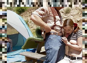 Redhead with thick ass gets dirty during camping trip in forced cuckold