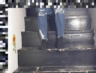Real Homemade slut pissing down the stairs 