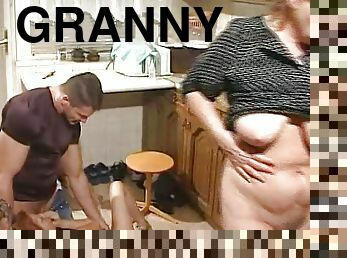 Naked granny in the kitchen fucks her silverware before the baker fucks her anus hard through 