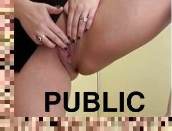 Public Masturbation: sexy Milf gets horny in public dressing room, masturbates and squirts