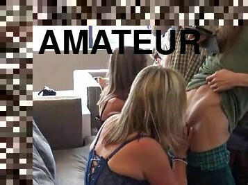 Blindfolded amateur MILFs sucking big cocks in group orgy