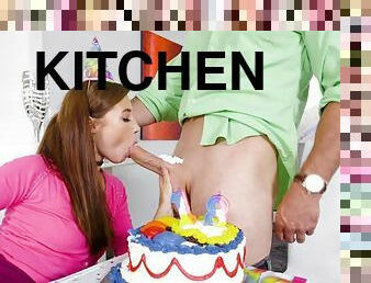 Cute teen gets her snatch smashed in the kitchen