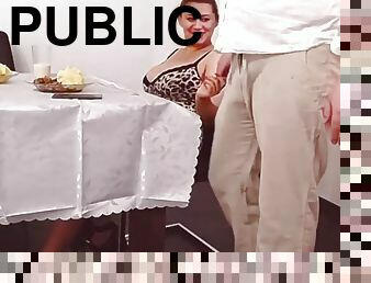 Pussy licked and blow job in a public restaurant at dinner
