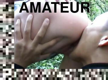 Amateur chubby takes asian guy in the woods