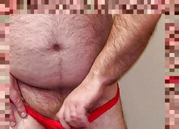 First time Anal Steve showing full bear body in red thong while he jacks off and eats some precum and ruined cum