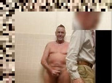 Caught Jacking off in public restroom. Went in naked and guy came in after me and watched.