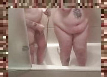 BBW in shower wet with partner, getting him hard and fucking