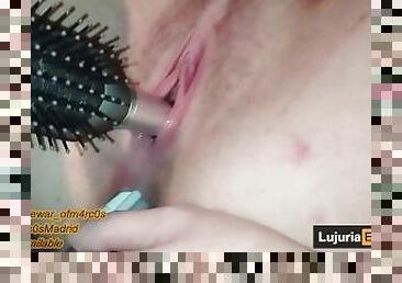 Real wife practicing double penetration, with homemade objects. Hotwife uses the comb in her pussy