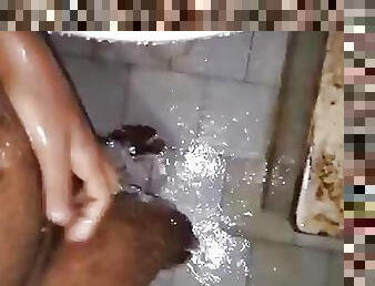 Pee and washing his small cock sexy black boy touching showing his naked
