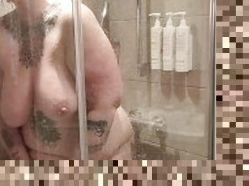 Tall BBW MILF cums in shower using shower - full movie on OF