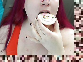Chubby Tranny Cums on Cookie with Big Cock and Eats It POV Food Play
