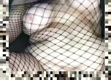 View from below of big titty goth BBW getting fucked wearing fishnets