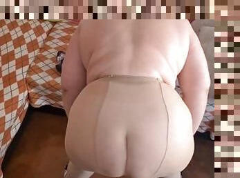 Beautiful bbw mature lady in pantyhose shows her big boobs and hairy pussy.