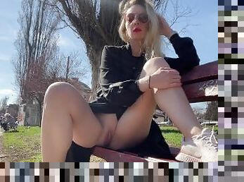Chilling in park and flashing pussy to people around. Open legs in public.