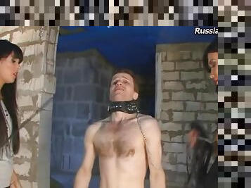 Bound man roughly abused by two Russian girls