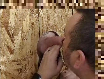 Straight Daddy breaks in the wooden gloryhole