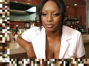 Black waitress fucks the chef in the restaurant