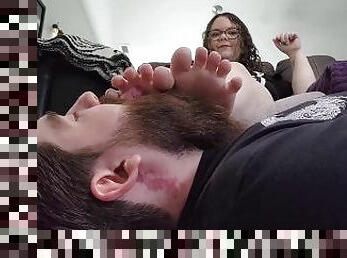 BBW Watches Foot Slave Jack Off With Her Feet in His Face