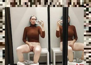 Masturbation in a fitting room in a mall. I Try on haul transparent clothes in fitting room and mast