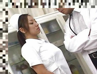 Sexy Japanese nurse Erena Fujimori gives head and rides the doctor