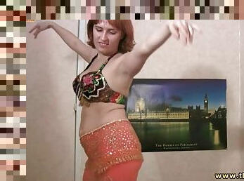 Busty drunk girl in bra does belly dance