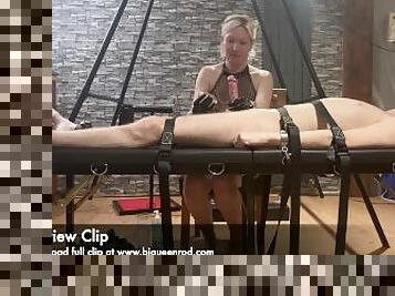 Femdom straps down cuck on bondage table, edges his cock & ruins his orgasms