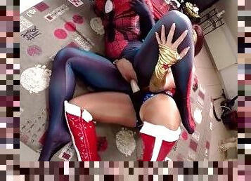 Threesome cosplay spidergirl and wonder woman