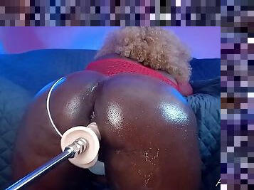 Golden Hair Babe slides dildo between her huge Ass cheeks - Huge Black Booty vs Fuck machine