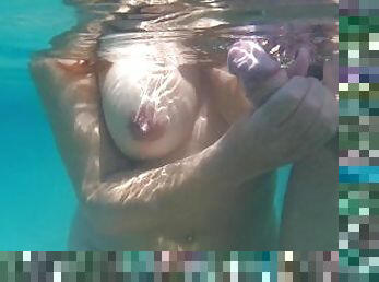 Underwater Handjob and Cumshot from Sexy Wife with Big Floating Tits