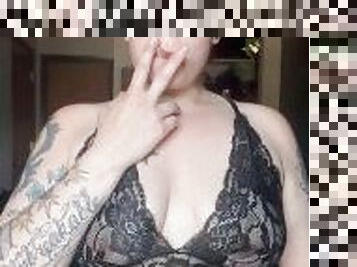 BBW stepmom MILF smokes 420 in black lingerie