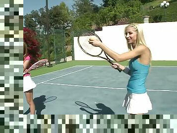 Three hot chicks have lesbian sex outdoors after playing tennis