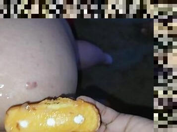 Latina wife eating a stranger's load off her ass with a twinkie