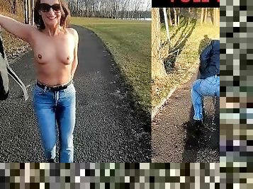 She pee through pants and flashing in a public park