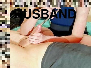 Submissive husband has piss hole stretched and plugged with 12mm