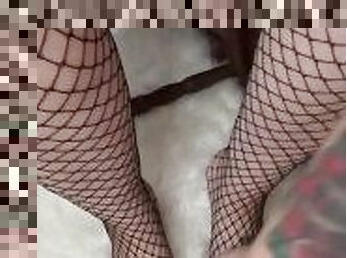 BBW stepmom fishnet stockings bare feet wiggly toes in high heels close up view