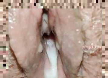 Hairy Pussy Peeing and Dripping Creampie Close up
