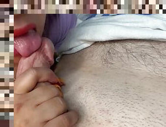 Red lips devouring frenulum and cock head