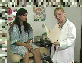Brunette girl goes lesbian with a dirty gynecologist in hardcore clip
