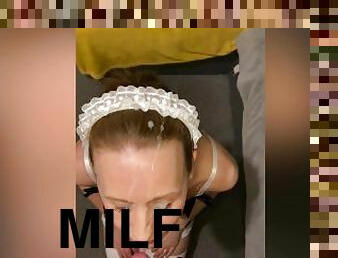 MILF French Maid Gives Fast Sloppy Blowjob and Receives Facial.