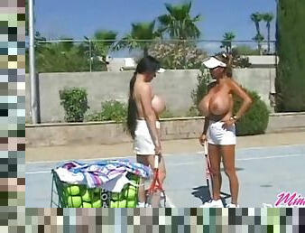 Topless babes on the tennis court have giant tits