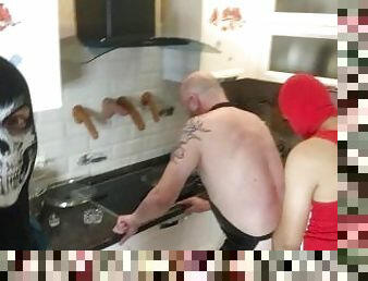 Hard group fucking BAREBACK with young males in Adidas in the kitchen while cooking