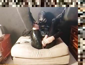 Rubber Latex Slave Plays With Cock pump Cum inside with gas mask fetish sissy femboy